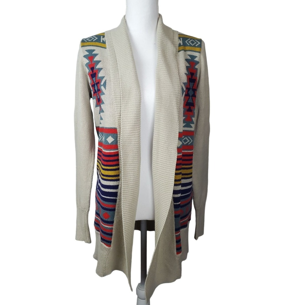 Ecote Open Cardigan Women's Medium Tribal Print Sweater Long Sleeve Cream Aztec